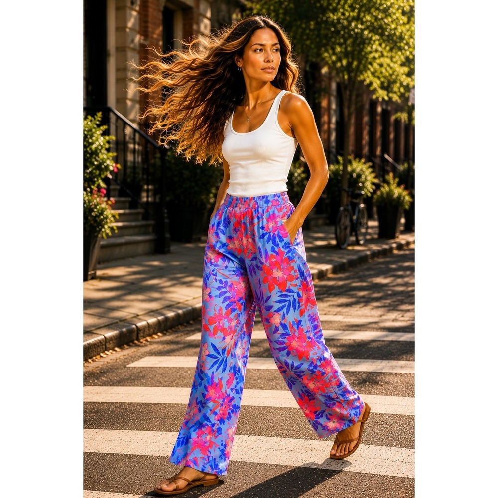 Tropical Floral Wide Leg Pants Blue Coral Resort Vacation Size 10